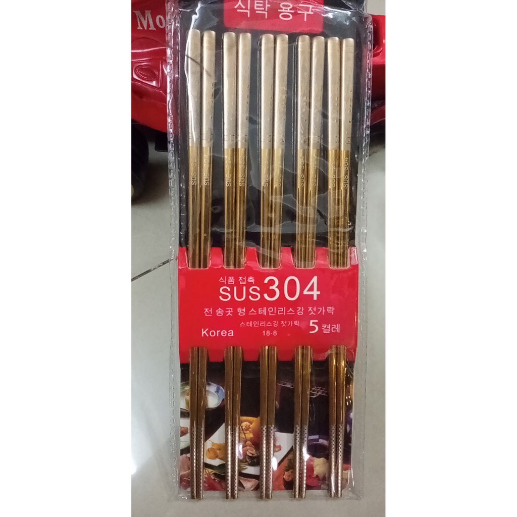 Bộ 5 đôi đũa inox 304 mạ vàng Hàn Quốc cao cấp - Đũa Chống Trượt