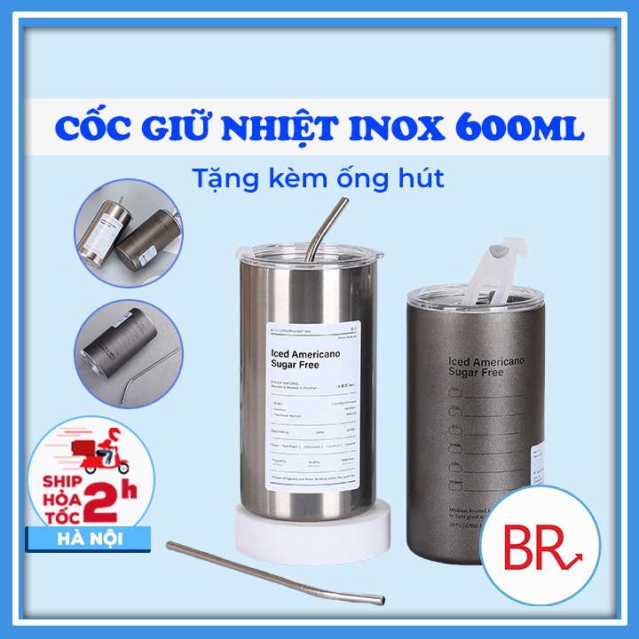 Cốc giữ nhiệt inox Iced Americano 600ml kèm ống hút- Cốc inox giữ nhiệt ...