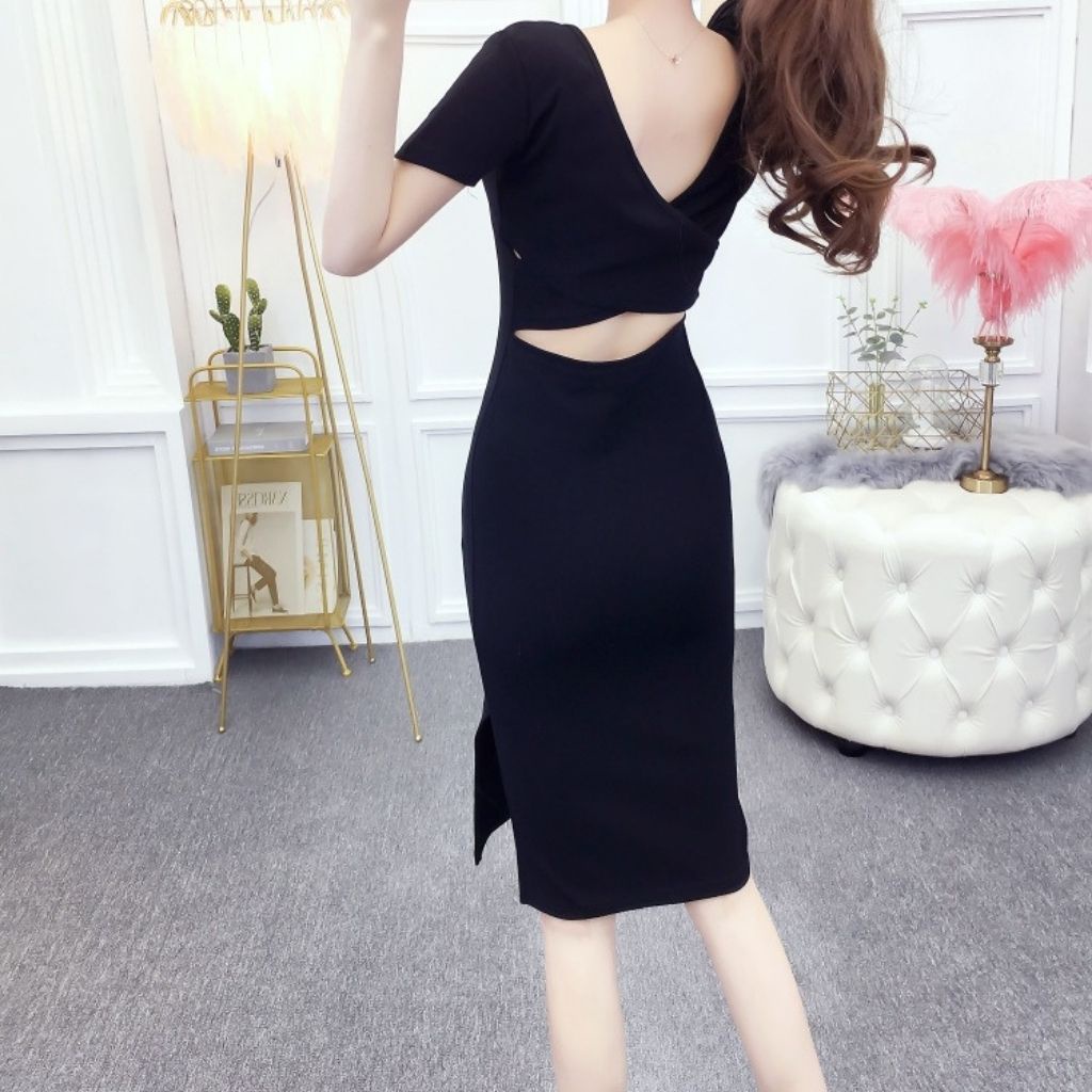Đầm body nữ tay ngắn tôn dáng xẻ tà gợi cảm phong cách hàn quốc, Váy nữ khoét lưng trẻ trung V001