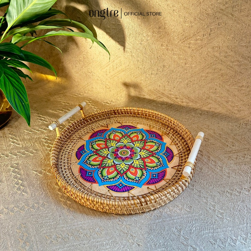 Khay mây tay cầm ONGTRE đáy gỗ họa tiết hoa văn đựng bánh mì trái cây phong cách vintage