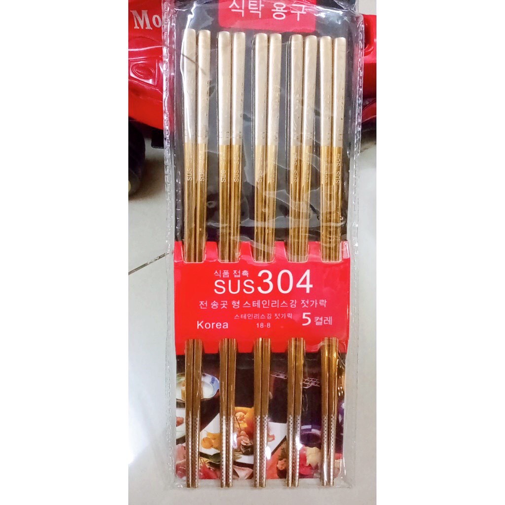 Bộ 5 đôi đũa inox 304 mạ vàng Hàn Quốc cao cấp - Đũa Chống Trượt