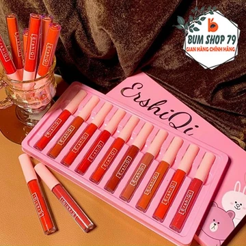 Son kem ErshiQi Velvet set son 10 cây lên màu tươi bóng mịn mà, Son môi dưỡng chống khô tạo cảm giác căng mọng đôi môi
