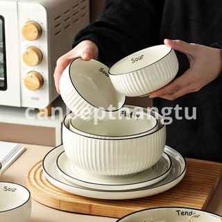 Bộ Chén Đĩa Sứ Sọc Nổi Viền Đen Cao Cấp Tối Giản Sang Trọng Chịu Nhiệt Bền Đẹp CBG02