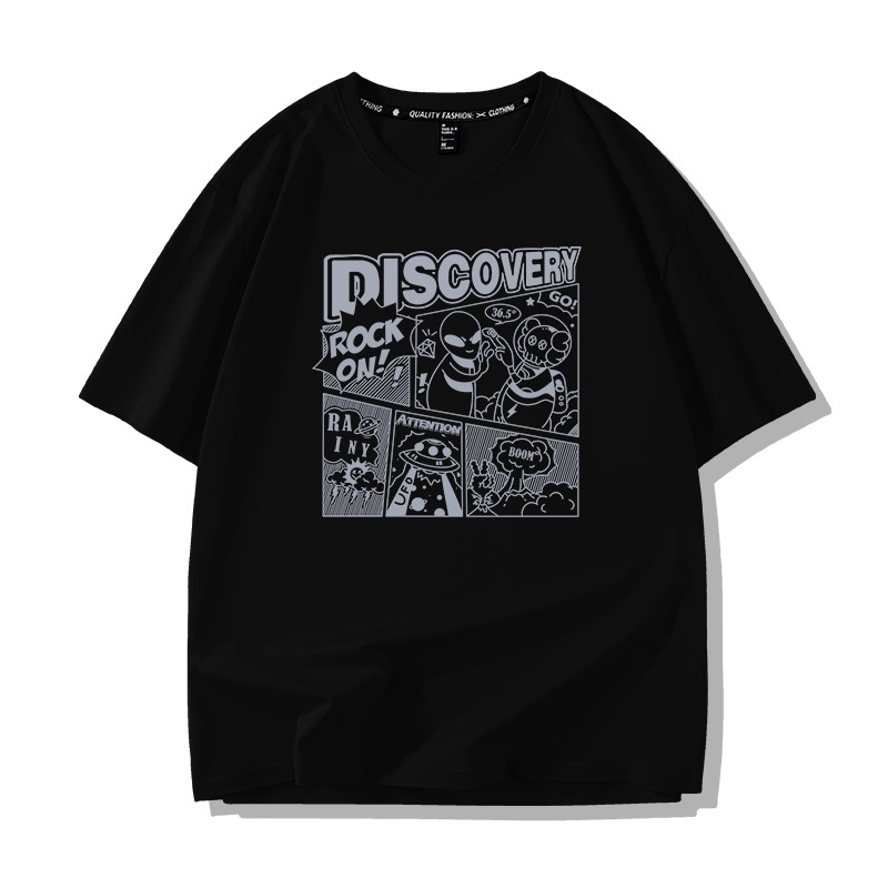 Áo thun HappyFamily - Mẫu  tay lở họa tiết Alien DISCOVERY Chất Cotton 100 Cao Cấp Màu Trắng Đen