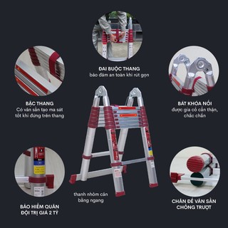 Thang nhôm rút gọn nhập khẩu FUJIHOME TLA08R - Chữ A cao 2,4m - Chữ I cao 5m - Bảo hành 24 tháng