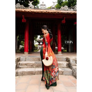 Áo dài truyền thống Lamia Design AD146  lụa cao cấp màu cam đỏ phối họa tiết tinh tế