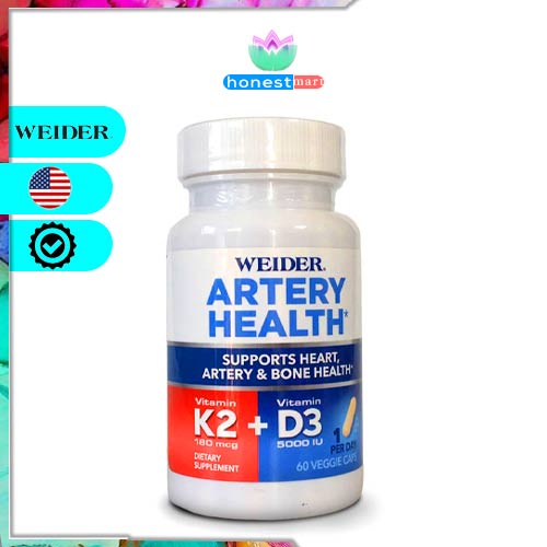 Bảo vệ tim và xương Weider Artery Health with Vitamin K2 Plus D3, 60