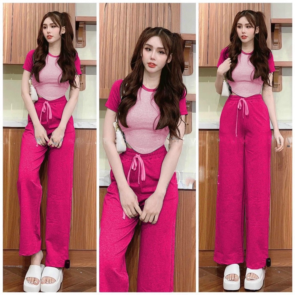 Set Bộ Quần Ống Rộng Suông Phối Áo Kiểu Vạt Bầu Siêu Hót, Sét Bộ Nữ Cổ Tròn  Kèm Quần Dài Ống Rộng Sang Chảnh Dễ Thương | Shopee Việt Nam