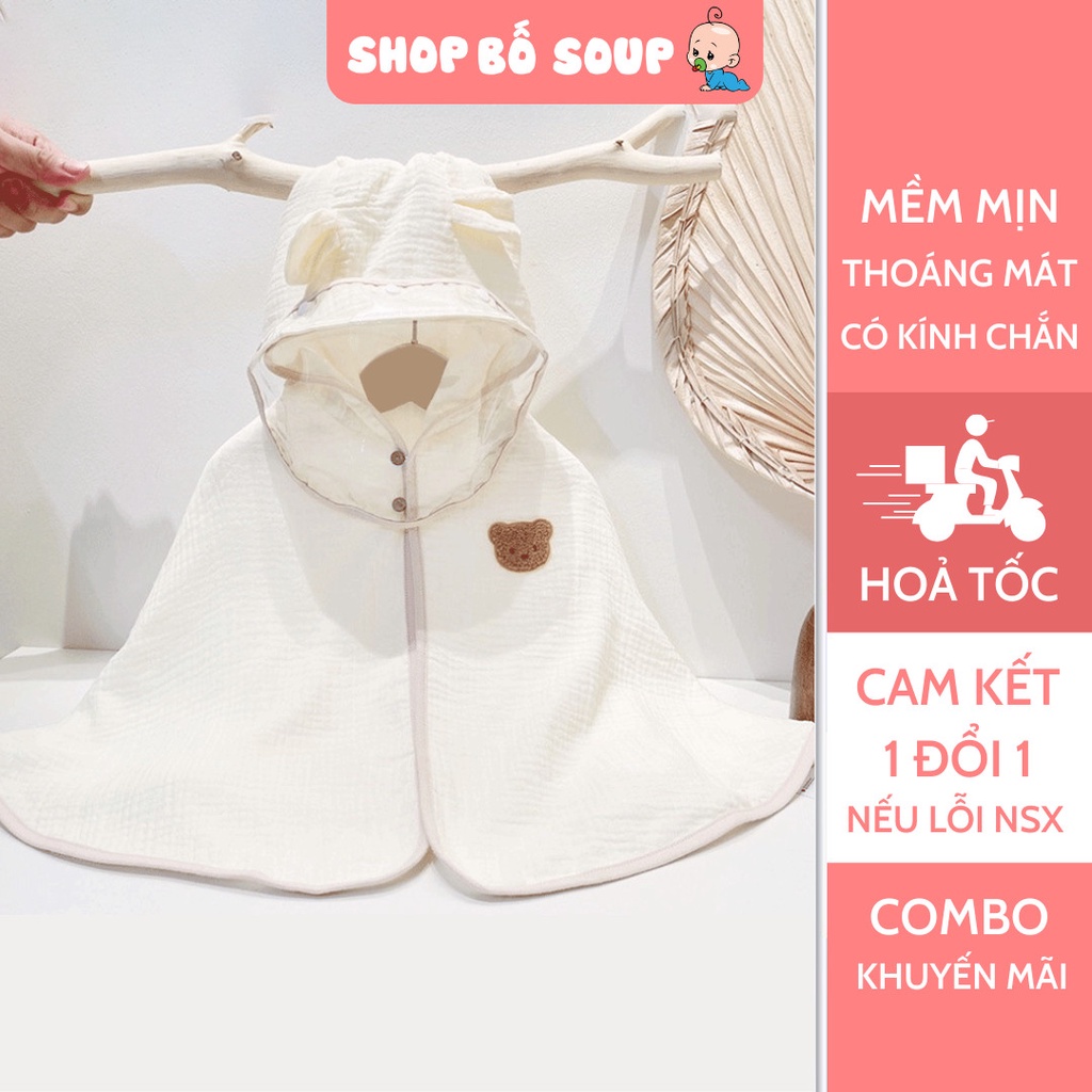 Áo choàng xô muslin tránh gió, tránh nắng kèm mũ chắn giọt bắn mềm mại cho bé