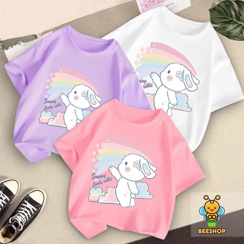Áo phông bé gái size đại BEESHOP áo hoạ tiết thỏ cầu vồng cho bé H24009