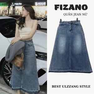 Chân váy jean dài chân váy midi xòe A dáng dài cho nữ chất jean mềm fizano