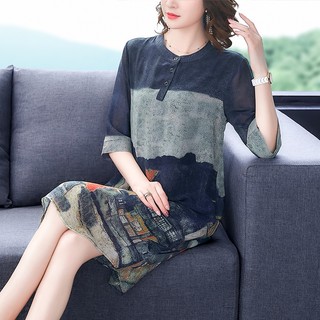 Đầm Lụa Trung Niên Dáng Suông Tay Lỡ Họa Tiết Thời Trang VH49