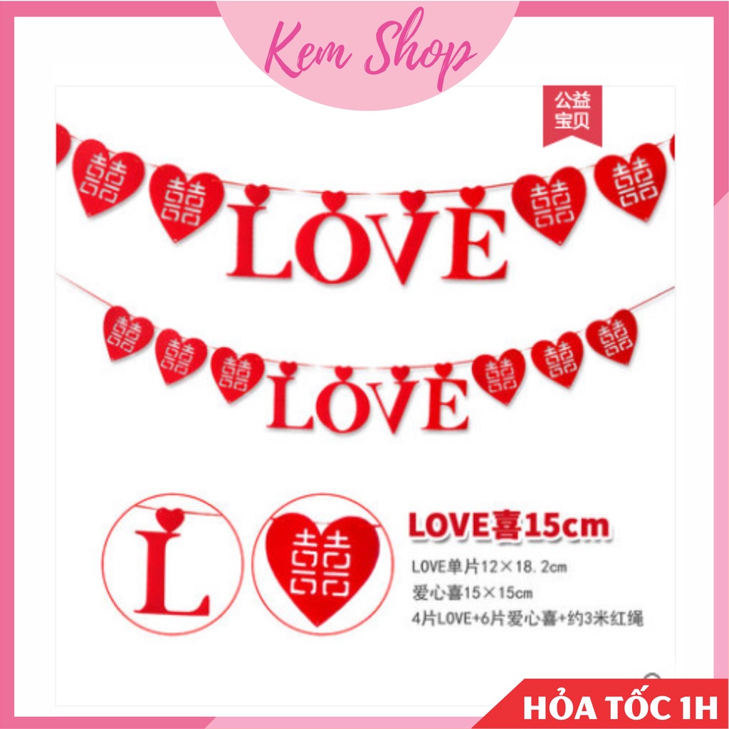 Dây chữ LOVE kèm chữ hỷ trái tim vải nỉ dạ màu đỏ trang trí đám cưới, phòng cưới - K337