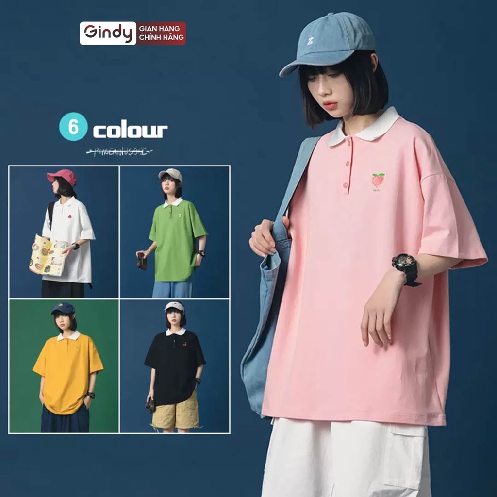 Áo phông thun nam nữ polo GINDY họa tiết hoa trái cây cổ bẻ tay lỡ form rộng unisex basic vải cotton thoáng mát A012