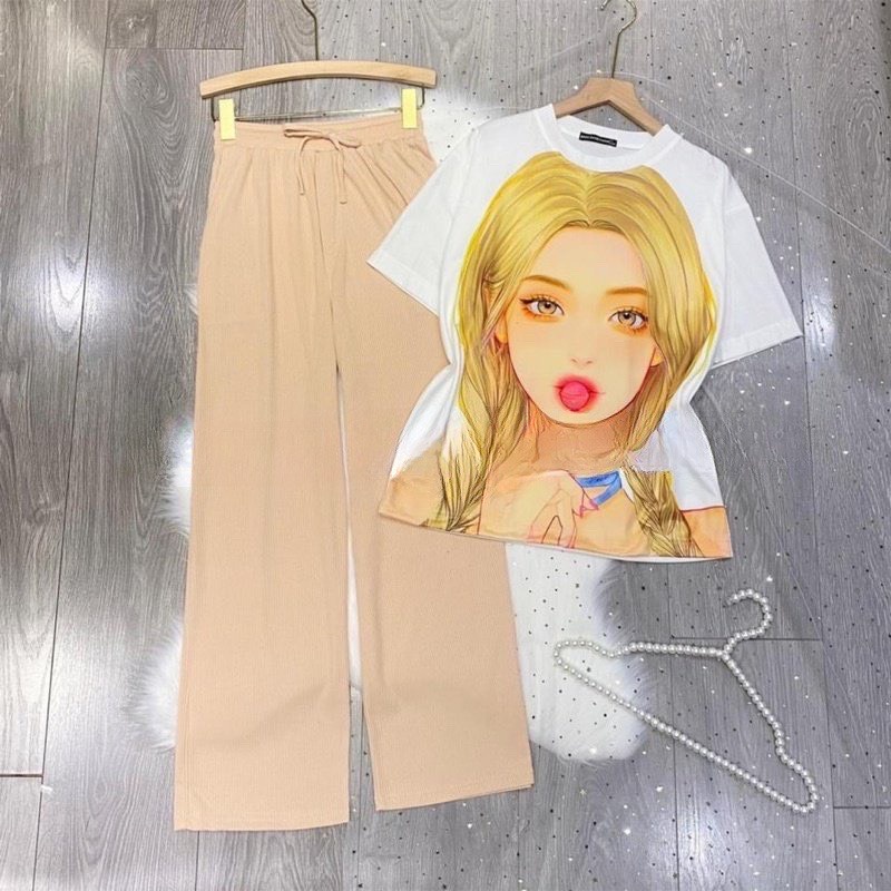 Đồ bộ nữ quần ống rộng suông bigsize ESHOP Đồ mặc nhà nữ cạp cao quần gân len tăm form rộng tay lửng co giãn đẹp DB69