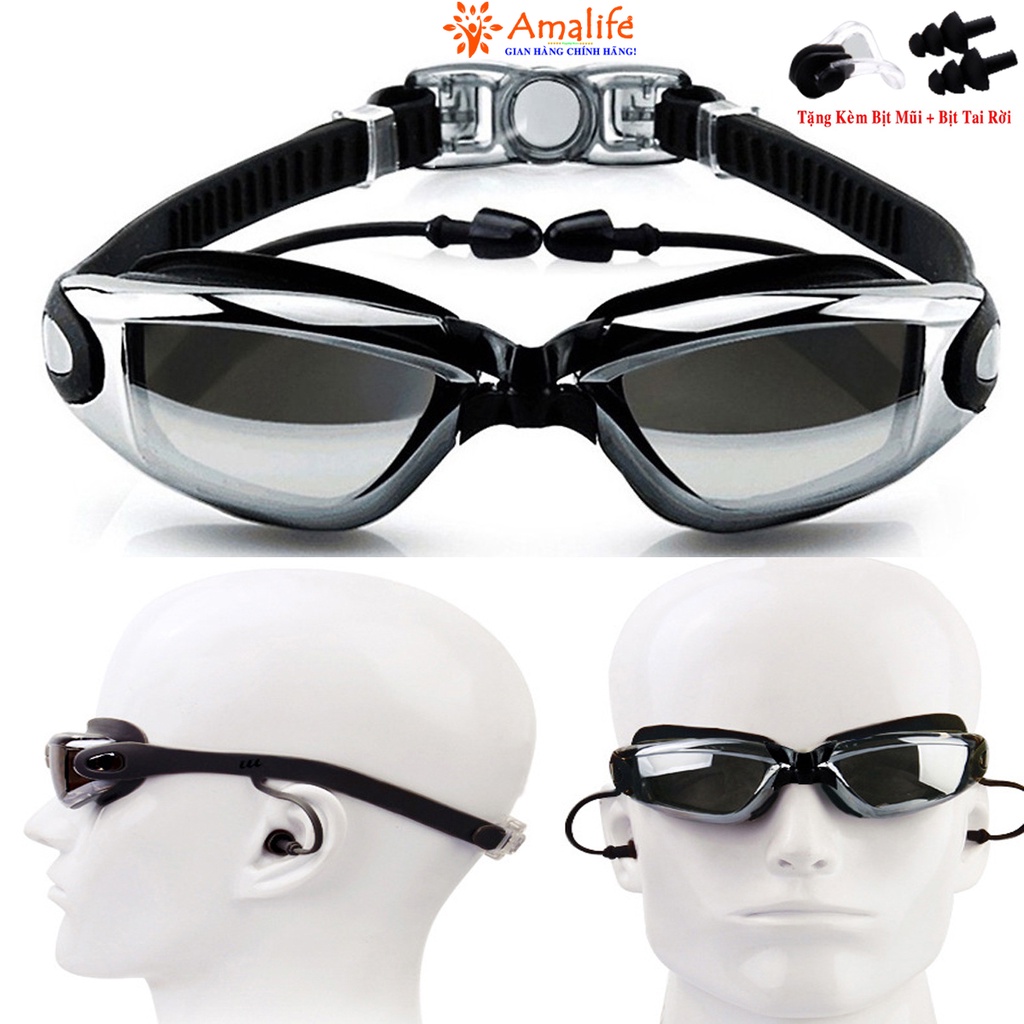 Ảnh Màu ĐEN - Kính Bơi Tráng Bạc Có Gắn Bịt Tai Chống Tia UV Chống Nước Gắn Liền Thân Chính Hãng Amalife 1