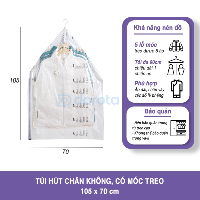 Túi hút chân không chống nhăn DOROTA bảo quản quần áo có móc treo 105x70 cm DG105