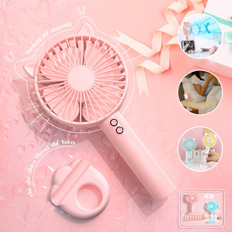 Quạt Tích Điện Mini Cầm Tay Tai Mèo Có Đế Để Bàn - Có Đèn Chiếu Sáng - Tặng Kèm Sạc & Pin 1200mAh