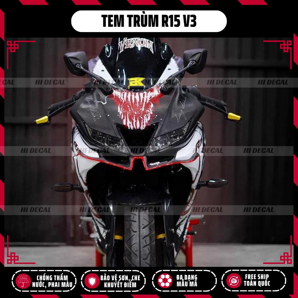 Tem trùm dán xe R15v3 venom màu trắng | R15-H017 | Decal dán xe R15 v3 chống nước, chống phai màu