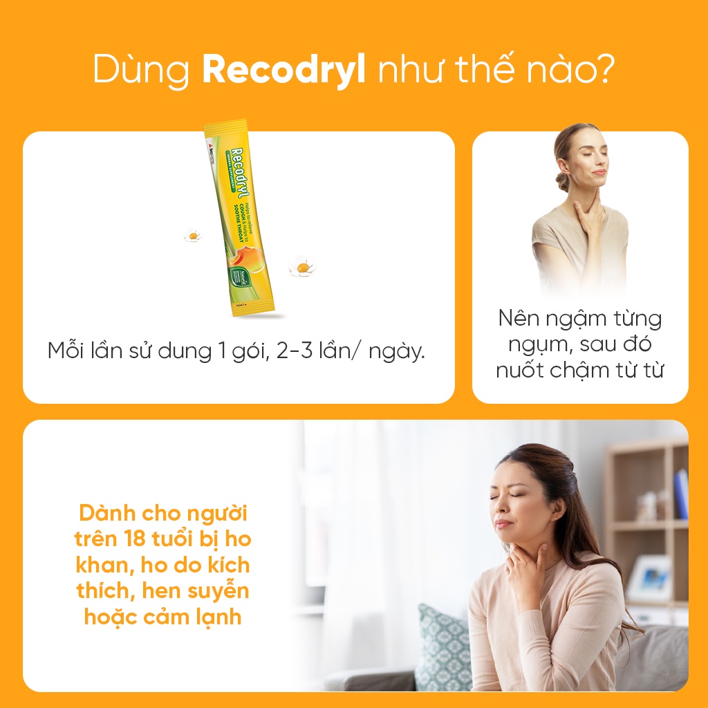 Siro thảo dược Recodryl – Hỗ trợ làm dịu họng, giảm cảm giác khô rát – Hộp 6 gói