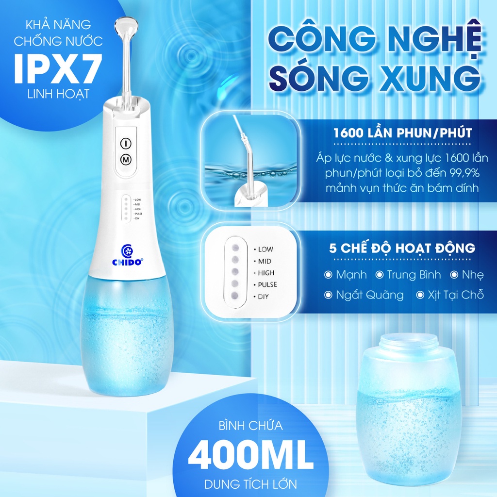 Máy Tăm Nước CHIDO Cầm Tay, 5 Đầu Phun Không dây Kèm Củ Sạc Túi Vải Đựng Đầu Xịt Và Máy Cao Cấp