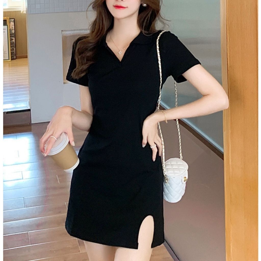 Váy nữ dáng xòe cổ polo chữ V đẹp và cá tính, Đầm body nữ xẻ tà trước gợi cảm và sexy STYLEY V003