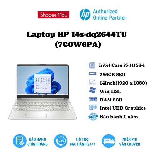 Laptop HP 14s-dq2644TU (7C0W6PA)/ Bạc/ Intel Core i3-1115G4 (upto 4.1Ghz, 6Mb)/ RAM 8GB/ 256GB SSD/14