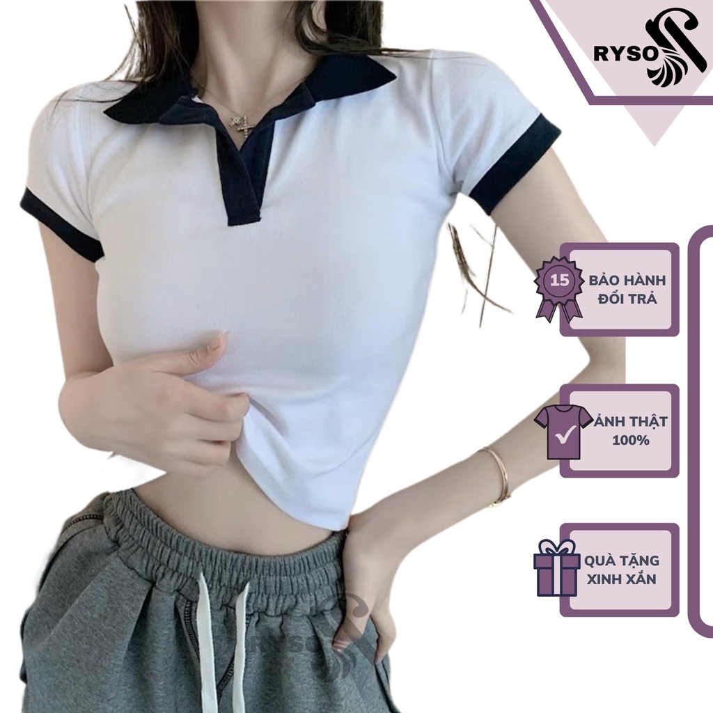 Áo Croptop Cổ Polo RYSO FASHION Cổ Trụ Bẻ Viền Màu Trắng Đen Phối Màu Đen Trắng