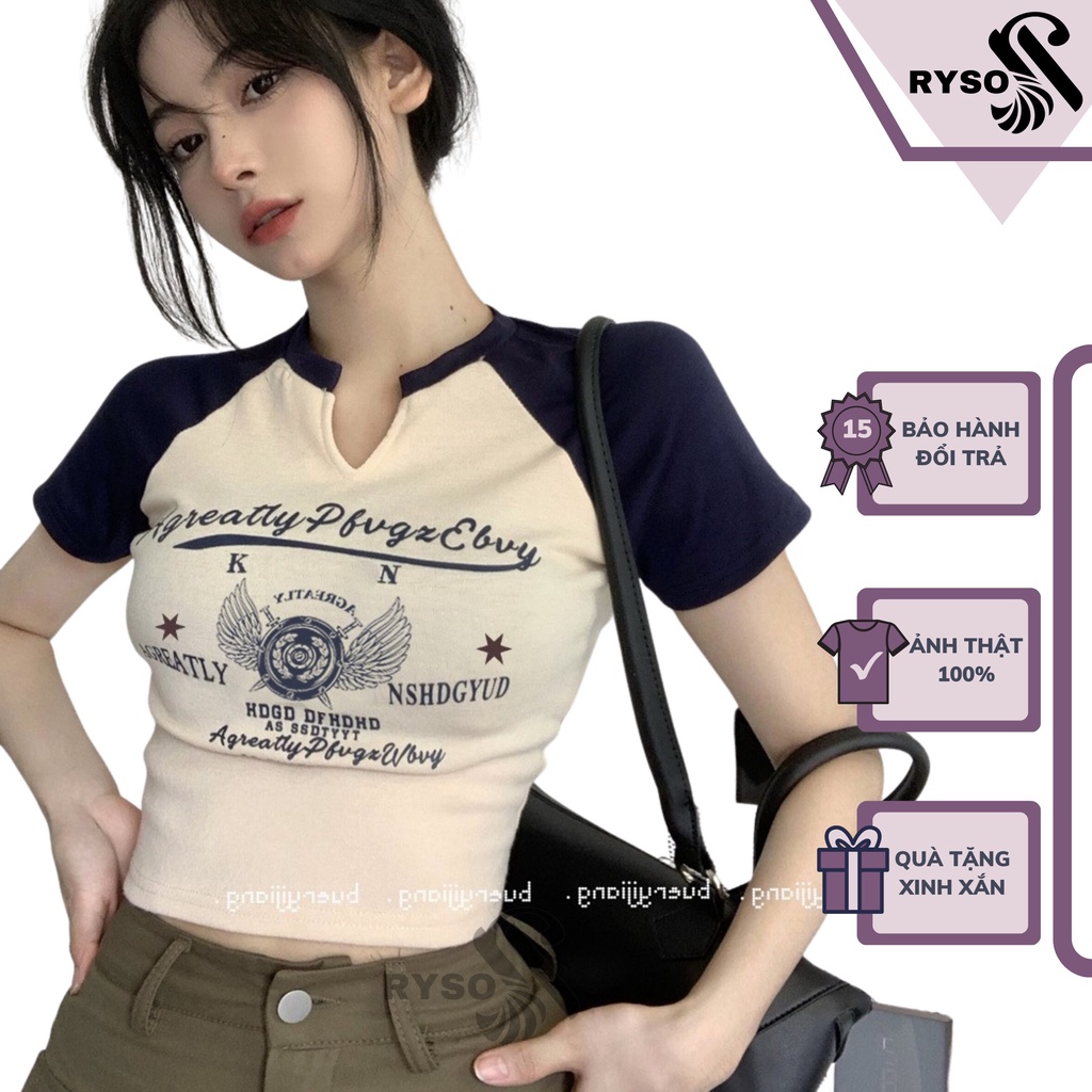 Áo Croptop In Họa Tiết RYSO FASHION chất borip Dày Dặn Cao Cấp Loại 1 Cổ V dáng Ôm Body Nữ Tay Ngắn spe