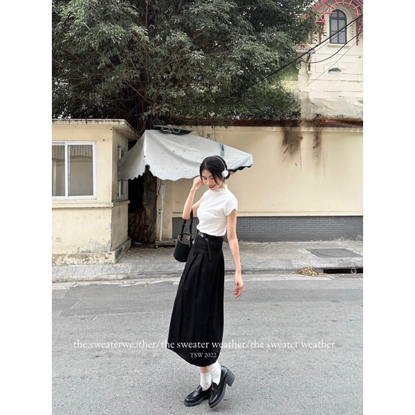 (Tặng kèm belt) Chân váy dáng A cài cúc xếp ly xoè dài the.sweaterweather TSW (ảnh thật)