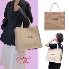 Túi cói tote vintage đi biển Merci tay nữ size lớn vải bố lanh cao cấp Hàn Quốc