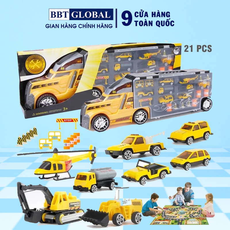 Xe mô hình container 4 tầng 21 chi tiết chở xe con kim loại và thảm chơi cho bé LA-015A BBT GLOBAL