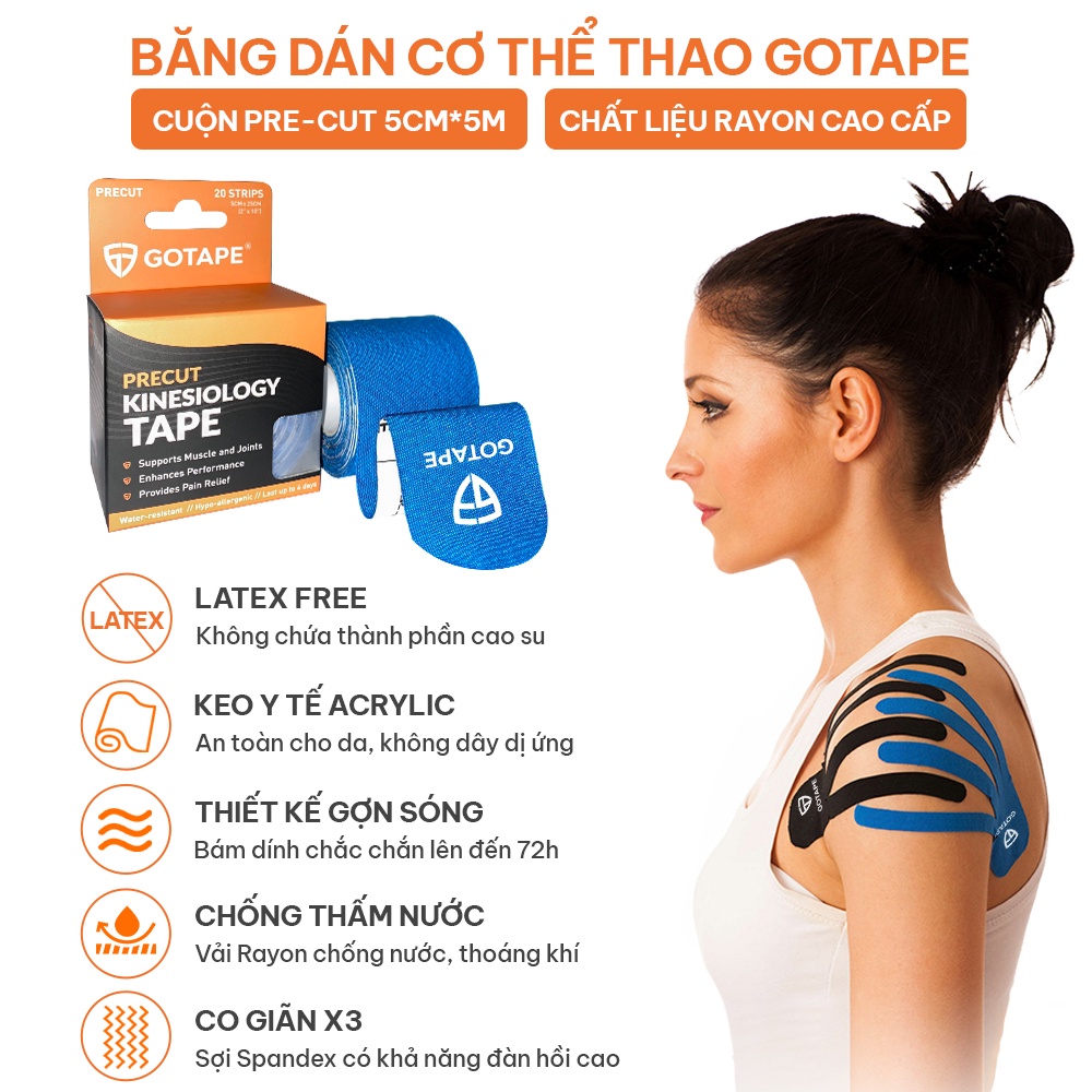 Băng dán cơ thể thao GOTAPE 5cm*5m, chất liệu Rayon cao cấp, co giãn tốt, hỗ trợ cơ bắp khi vận động