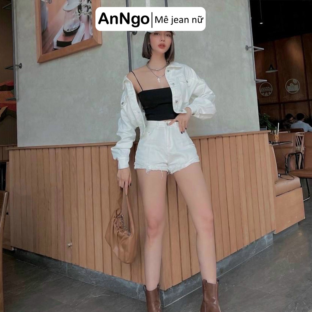 (Có big size) Quần short jean nữ trắng vải kaki lai tua rách dễ thương cá tính, dễ phối đồ AnNgo - AT228