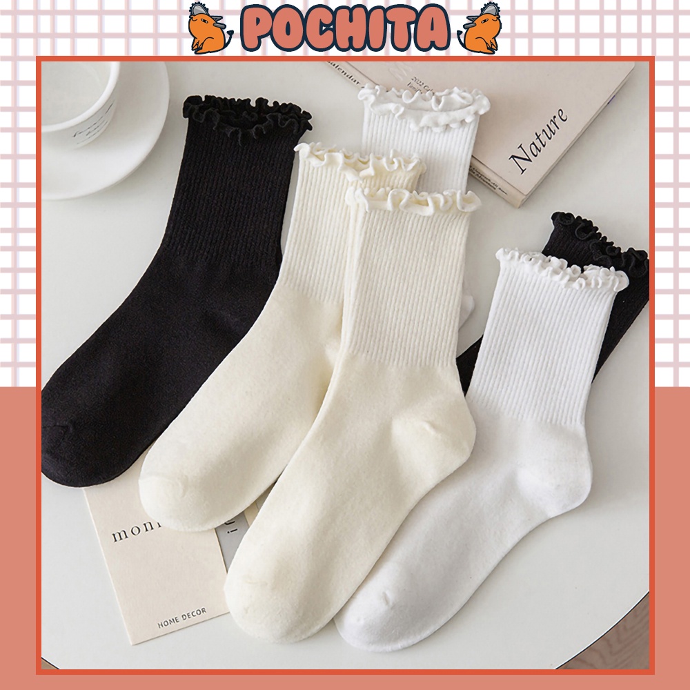 Tất Cổ Cao Nữ, Vớ Cotton Bèo Nhún Trơn Basic Họa Tiết Cổ Bèo Phong Cách Vintage Thời Trang Hàn Quốc Co Giãn 4 Chiều