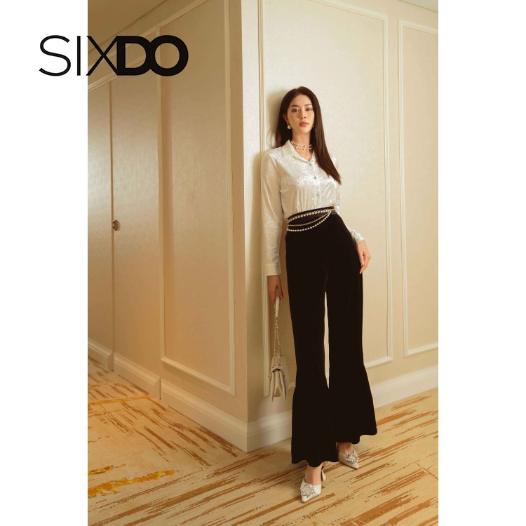 Quần nhung ống loe thời trang SIXDO Black Ruffled Wide Leg Velvet Pants