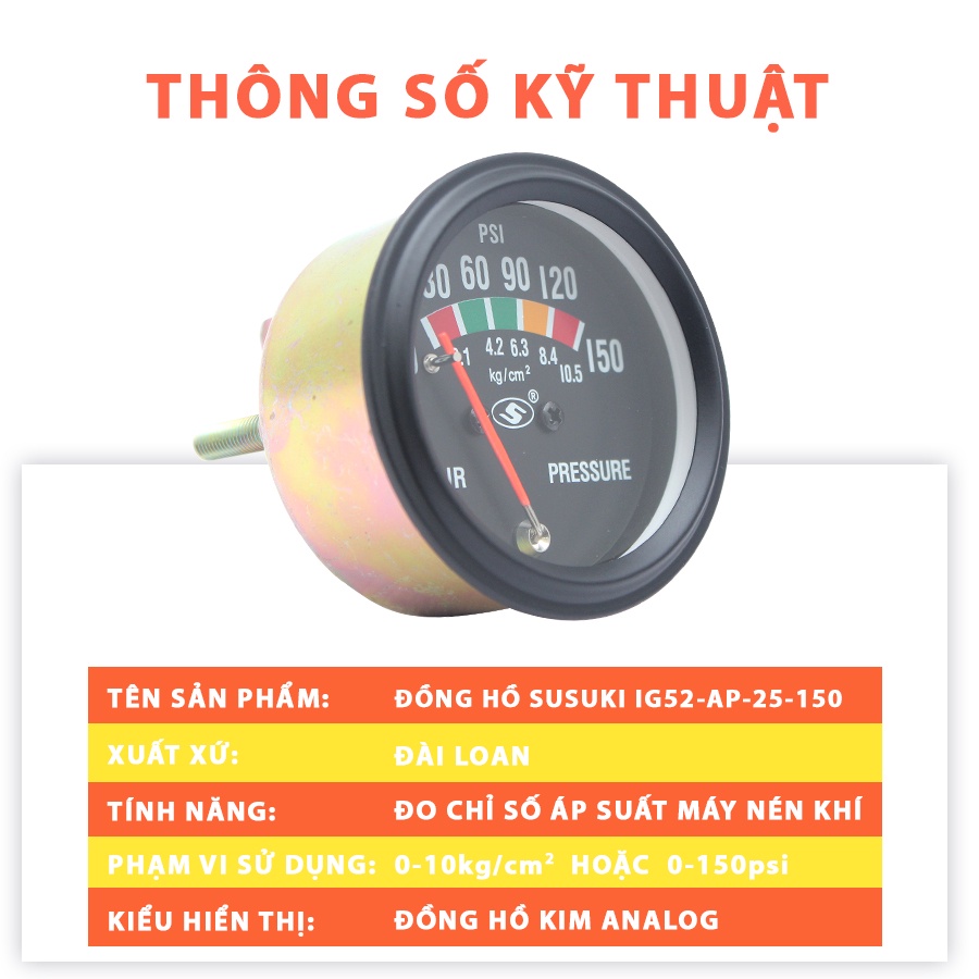 Đồng Hồ Đo Áp Suất Máy Nén Khí CIND Susuki IG52-AP-25-150 150psi