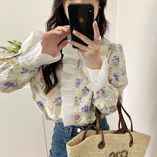 Áo Kiểu Cổ Cao Tay Dài Phối Bèo Hoạ Tiết Hoa Phong Cách retro Thời Trang Hàn Quốc