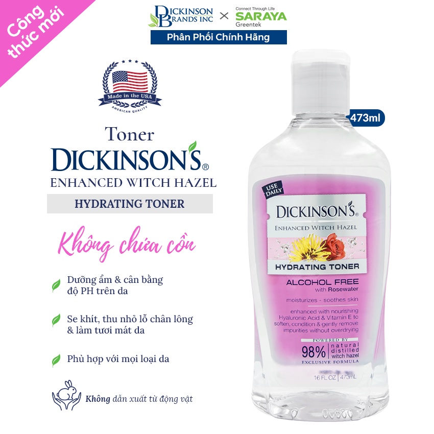 Toner chiết xuất hoa hồng Dickinson’s Enhanced Witch Hazel Hydrating Toner, không chứa cồn, dưỡng ẩm da - Chai 473ml