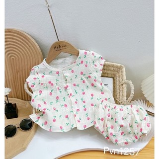 [Hàng thiết kế] Bộ bé gái siêu xinh vải Xô Muslin, đồ bộ cộc tay mùa hè - áo babydoll kèm quần chip Style Hàn Quốc