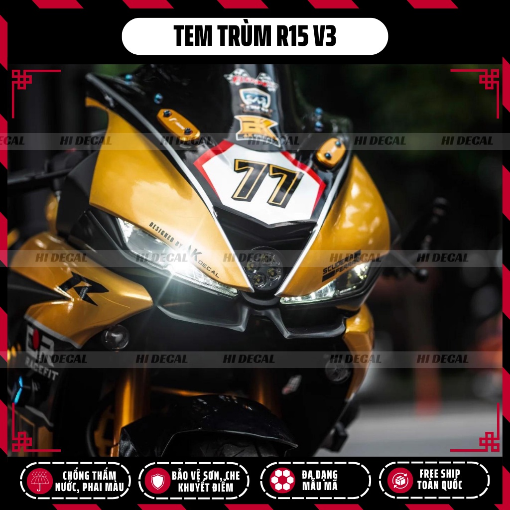 Tem trùm dán xe R15v3 màu vàng đồng | Mẫu R15-H015 | Decal dán xe R15 v3 chống nước, chống phai màu