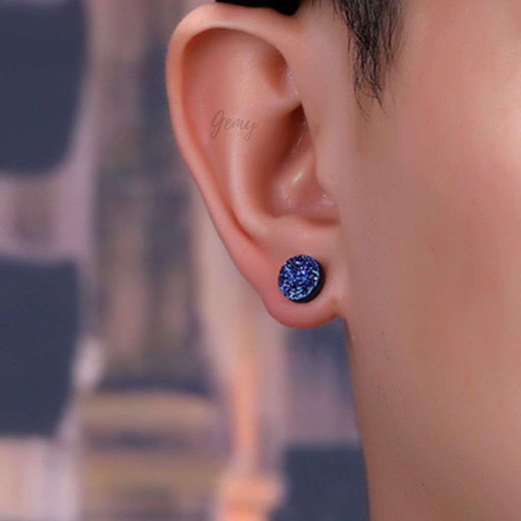 Khuyên tai nam tròn bạc 925 chùm đá pha lê nhân tạo nhiều màu Merlin 2 unisex (1 chiếc) | GEMY SILVER KN88 7.5mm