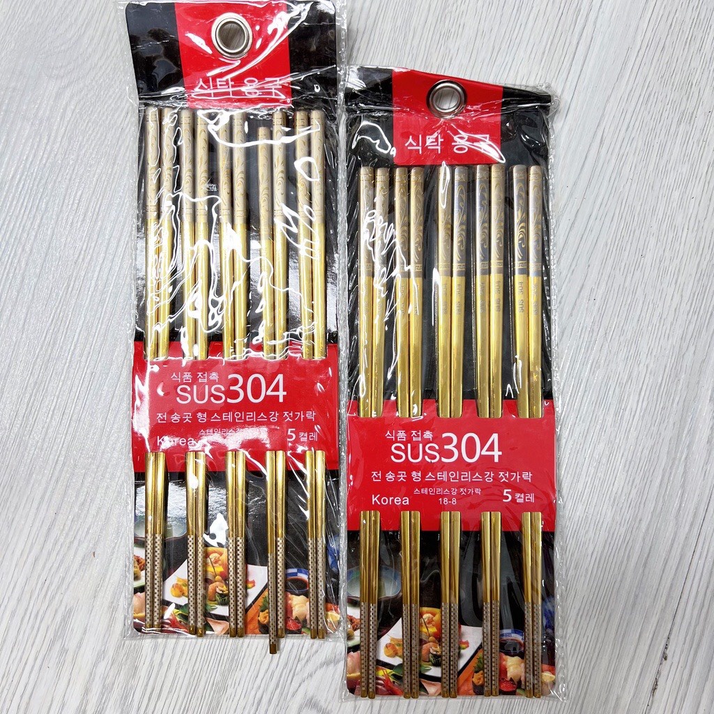 Bộ 5 đôi đũa inox 304 mạ vàng Hàn Quốc cao cấp - Đũa Chống Trượt