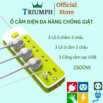 Ổ cắm điện xanh đa năng chống giật tích hợp 3 cổng USB, 3 ổ cắm hai chấu và 3 ổ cắm 3 chấu