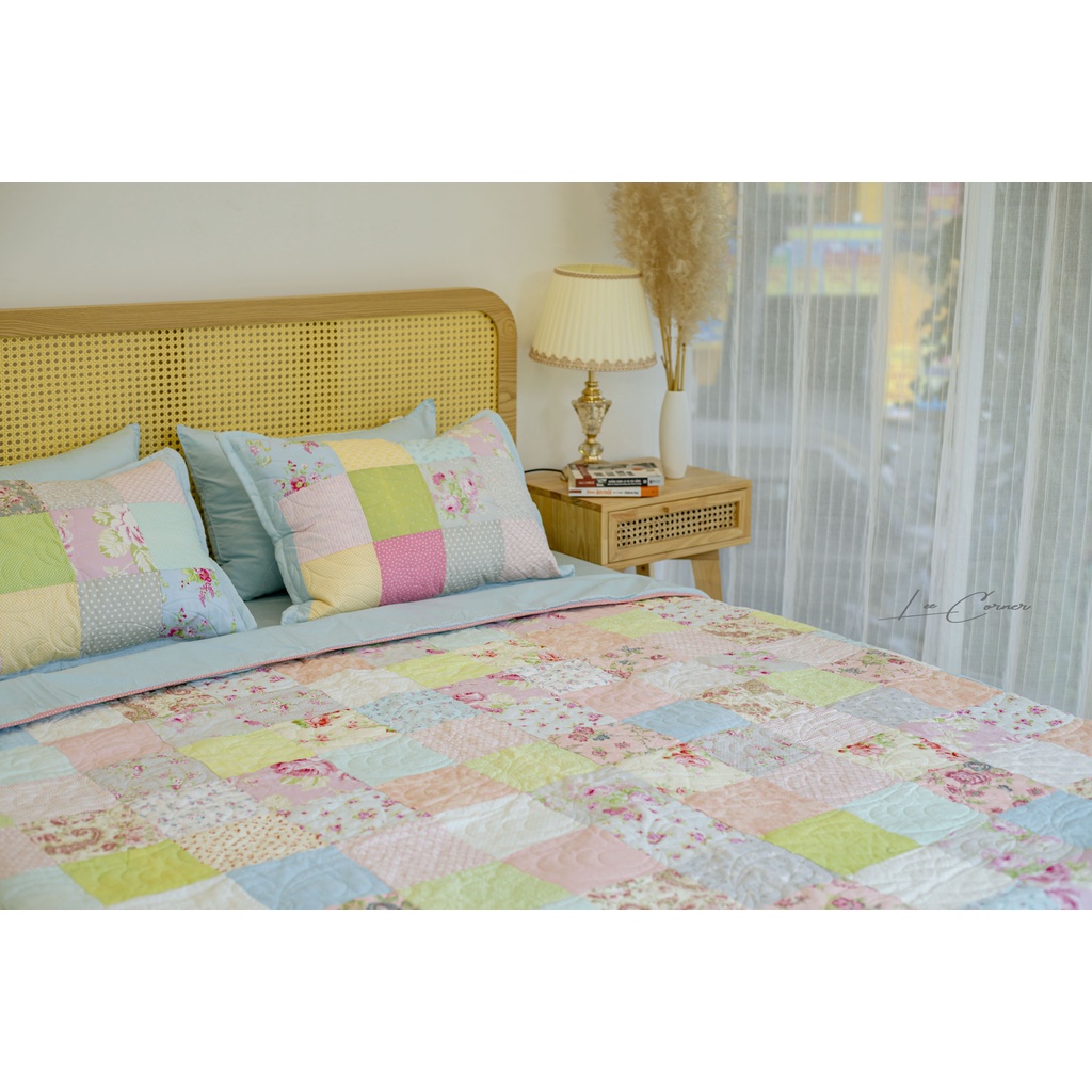 Set chăn gối quilt Ghép ô vuông hài hòa nhiều màu LEE CORNER, vải Thô