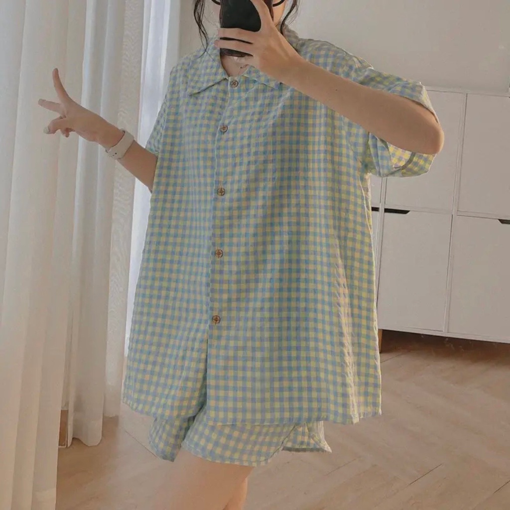 Bộ Pijama nữ cộc tay kẻ Caro Form rộng chất xốp mềm | Shopee Việt Nam