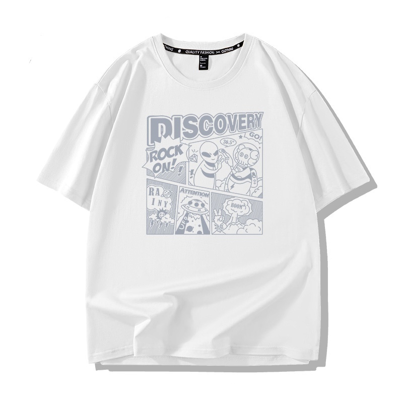 Áo thun HappyFamily - Mẫu  tay lở họa tiết Alien DISCOVERY Chất Cotton 100 Cao Cấp Màu Trắng Đen