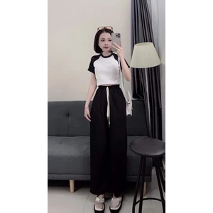 Set bộ áo thun dáng ngắn mix quần xuông trơn
