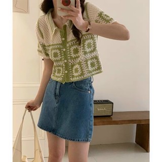 Áo len ren nữ đan móc, hoạ tiết ô vuông vintage, dáng len croptop 006