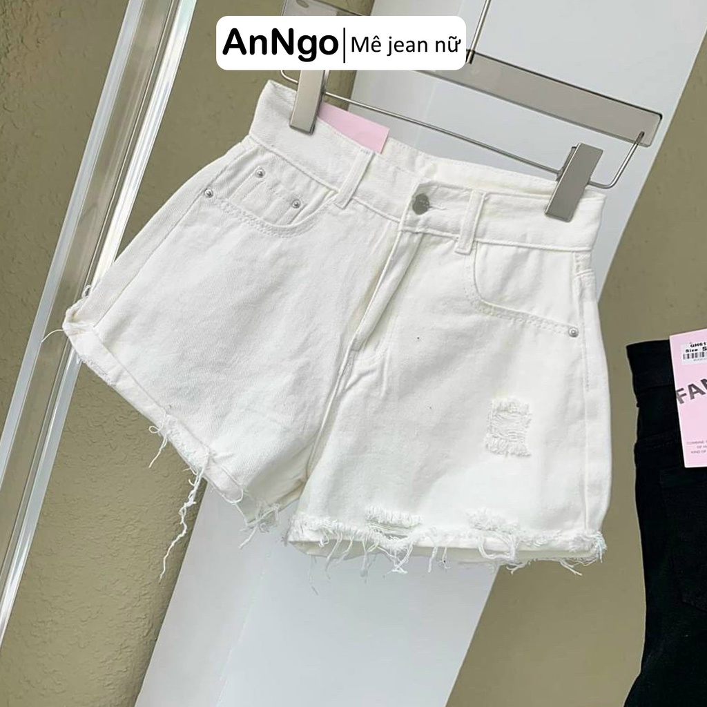 (Có big size) Quần short jean nữ trắng vải kaki lai tua rách dễ thương cá tính, dễ phối đồ AnNgo - AT228